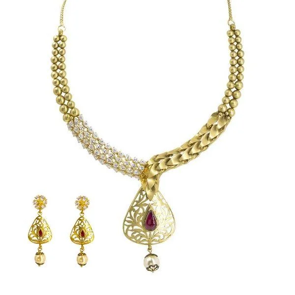 Layered Gold Necklace-22K Yellow Gold Necklace & Earrings Set W/ Ruby, Pearl & CZ on Detailed Collar & Cutout Pear Pendant