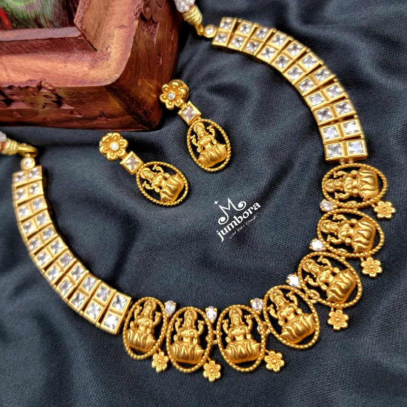 Crystal Necklace for Wedding-Temple Jewelry Matte Gold White AD Zircon Stone Lakshmi Necklace