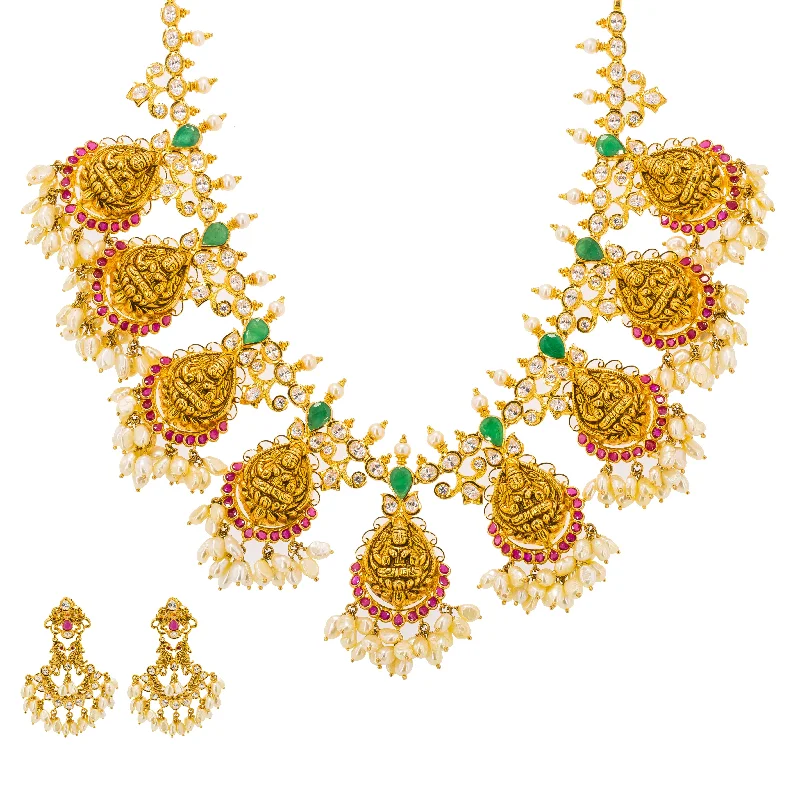 Luxury Gold Necklace-22K Yellow Gold Guttapusalu Necklace & Earrings Set W/ Rubies, Emeralds, CZ Gems, Pearls & Laxmi Accents