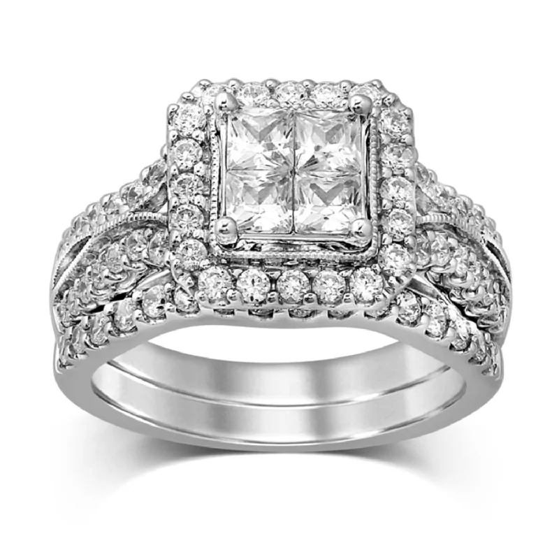 Unique Sterling Silver Ring-Signature 1-1/2 CTW Diamond Halo Bridal Set Ring in 14KT White Gold