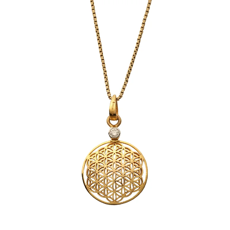 Bar Pendant Necklace-18kt Gold Flower of Life Pendant Necklace with Diamond Mount