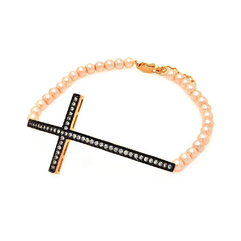 Minimalist Silver Bracelet-Silver 925 Gold and Black Rhodium Plated Sideways Cross CZ Champagne Pearl Bracelet - BGB00105