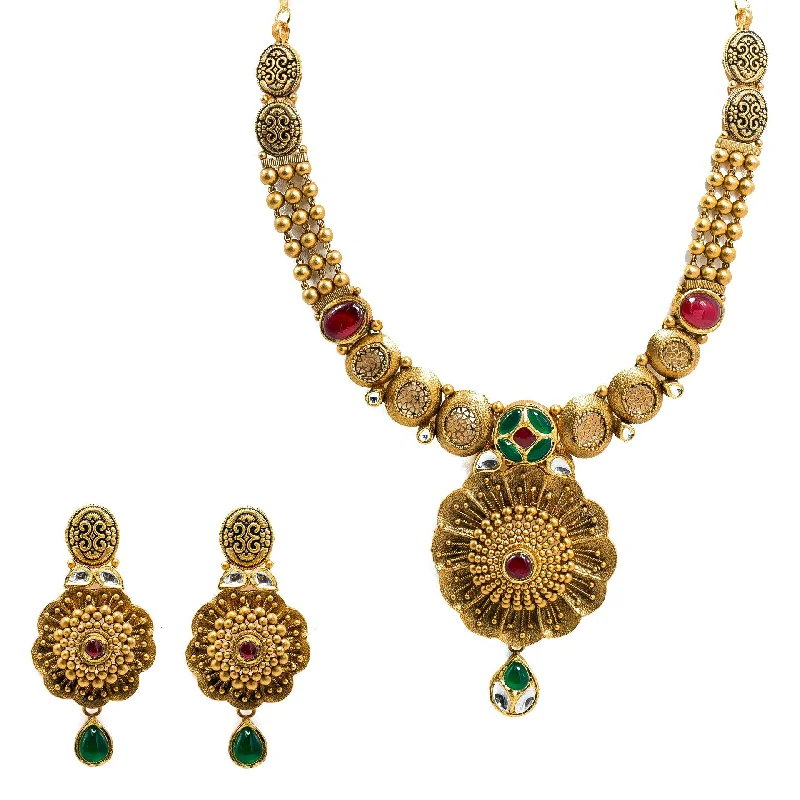 Custom Birthstone Necklace for Mom-22K Yellow Gold Temple Necklace & Earrings Set W/ Rubies, Emeralds, Kundan & Stamen Flower Pendants