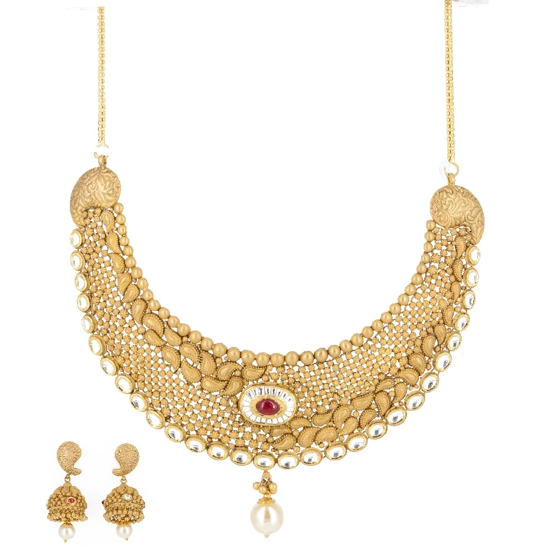 Large Crystal Necklace-22k Gold Ruby Pearl Necklace and Earrings Set