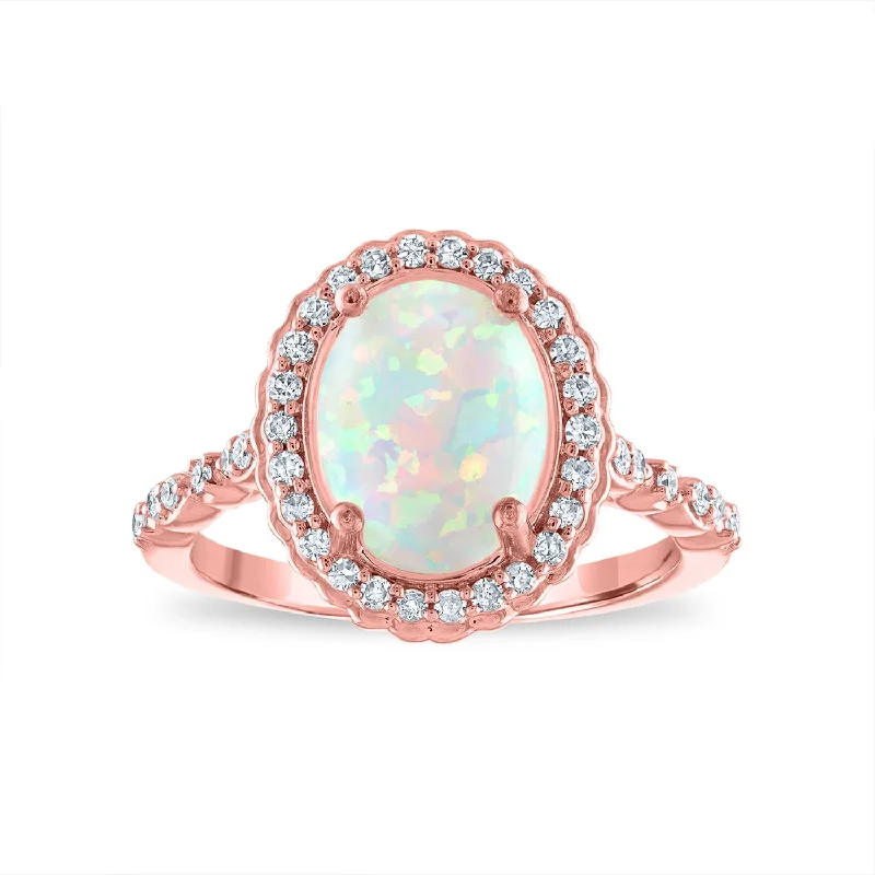 Custom Diamond Promise Ring-LoveSong 10X8MM Oval Opal and Diamond Halo Ring in 10KT Rose Gold