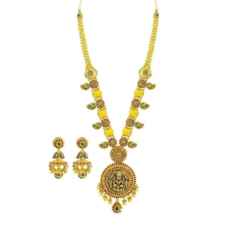 Boho Style Necklace-22K Yellow Gold Necklace & Earring set W/ Ruby, Emerald, Laxmi Pendant & Gold Ball Accents