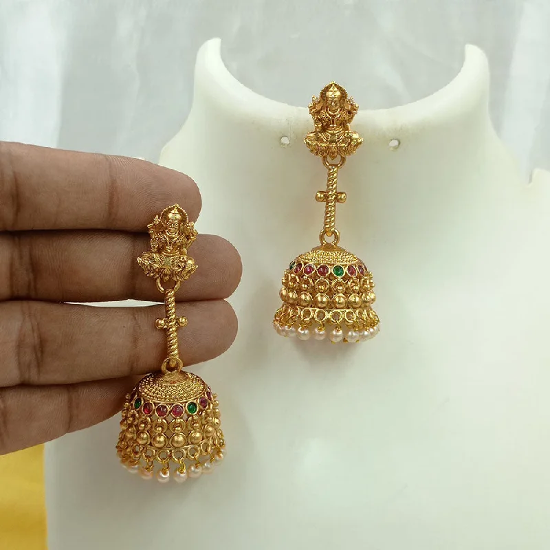 Bridal Earrings-Joyful Jewel Art Matte Gold Plated Pota Stone And Temple Jhumki Earrings