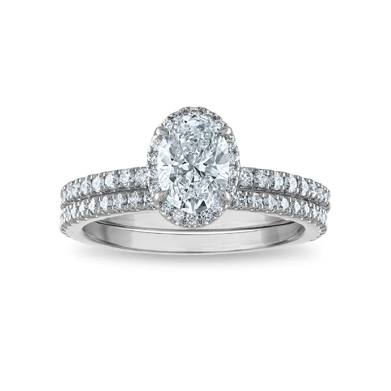 Unique Couples Rings-Signature EcoLove 1-1/2 CTW Lab Grown Diamond Halo Bridal Set in 14KT White Gold