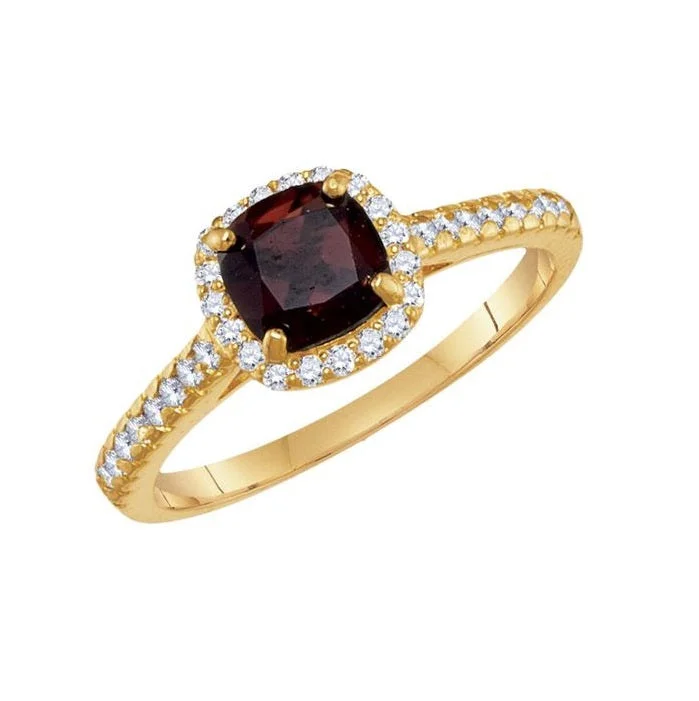 Elegant Silver Engagement Ring-6MM Cushion Garnet and White Sapphire Birthstone Ring in 10KT Yellow Gold