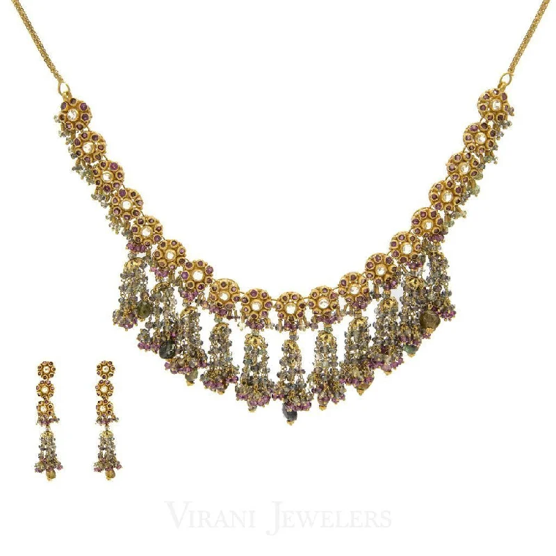 Crystal Bead Necklace-22K Yellow Gold Necklace and Earrings Set W/ Kundan & Floral Chandelier Design