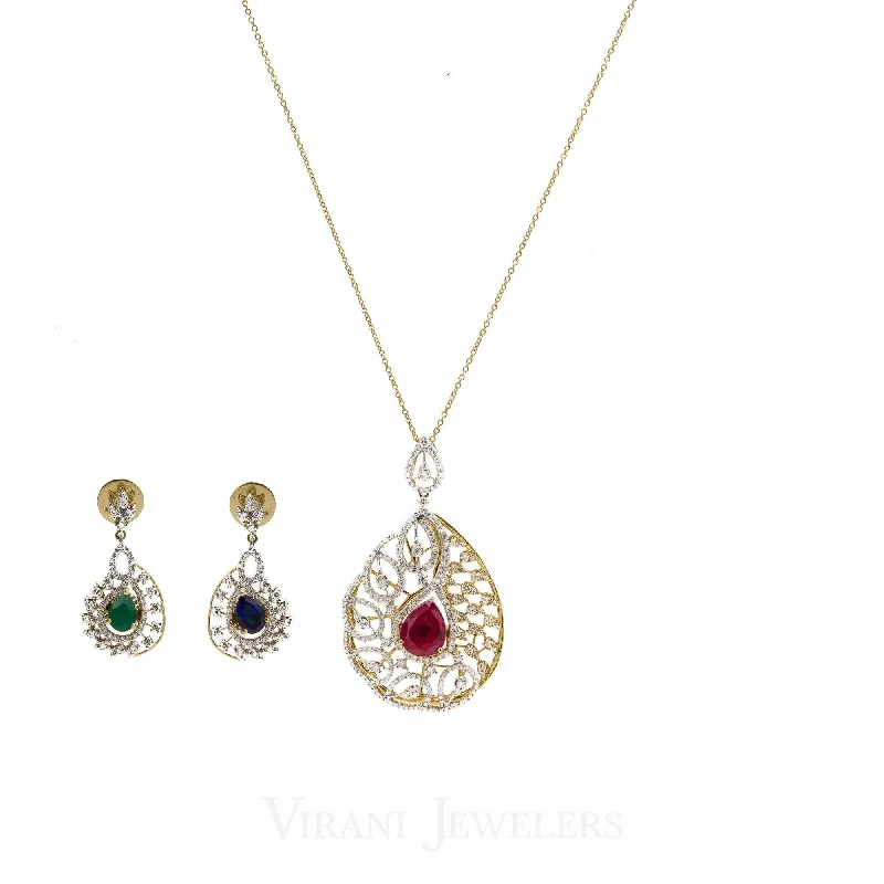 Simple Diamond Necklace-2.18CT Oval Diamond Pendant & Earrings Set in 18K Yellow W/Changeable Centered Pendant