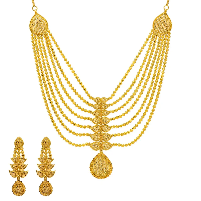 Retro Style Necklace-22K Yellow Gold Necklace & Earrings Set W/ Draped Gold Ball Strands