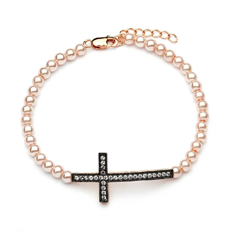 Gemstone Bangle Bracelet-Silver 925 Gold and Silver Rhodium Plated Sideways Cross CZ Pearl Bead Bracelet - BGB00109