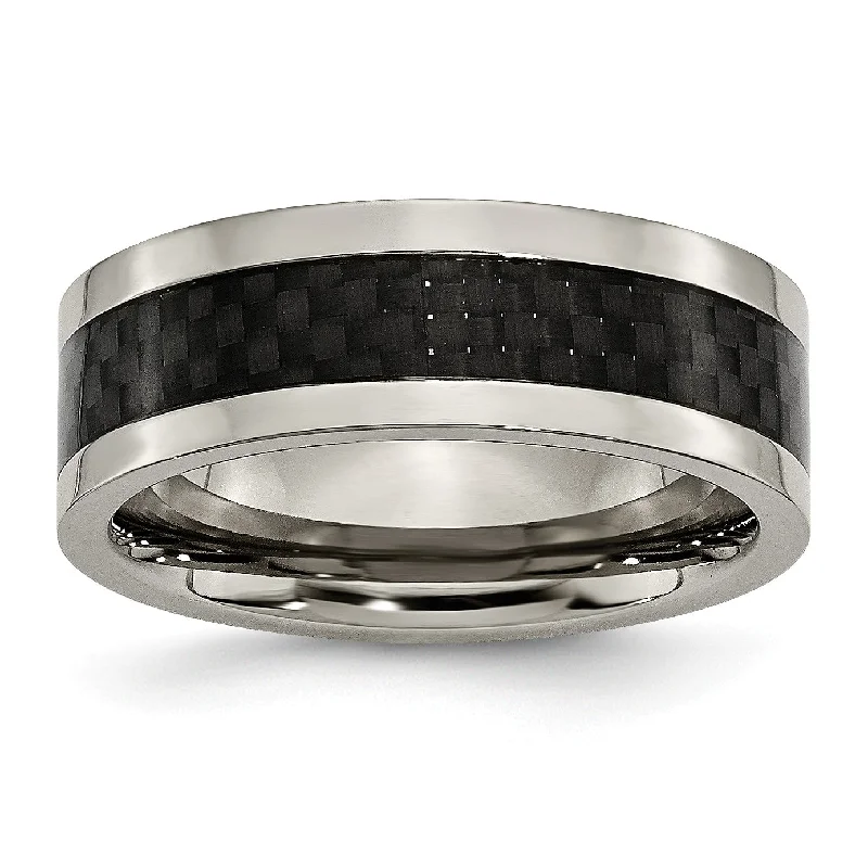 Silver Band Ring-Titanium 8mm Polished with Black Carbon Fiber Inlay Band