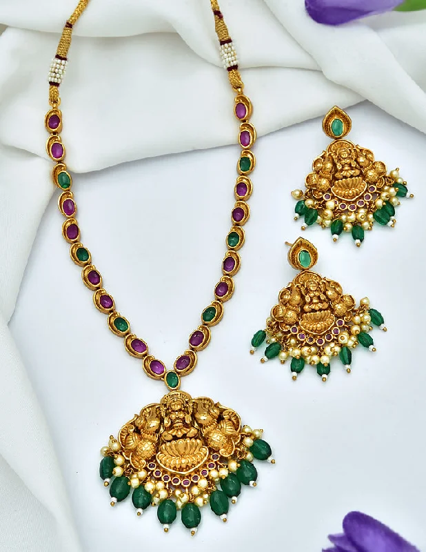 Multi-Colored Bead Necklace-Antique Lakshmi Devi Pattern Necklace Set