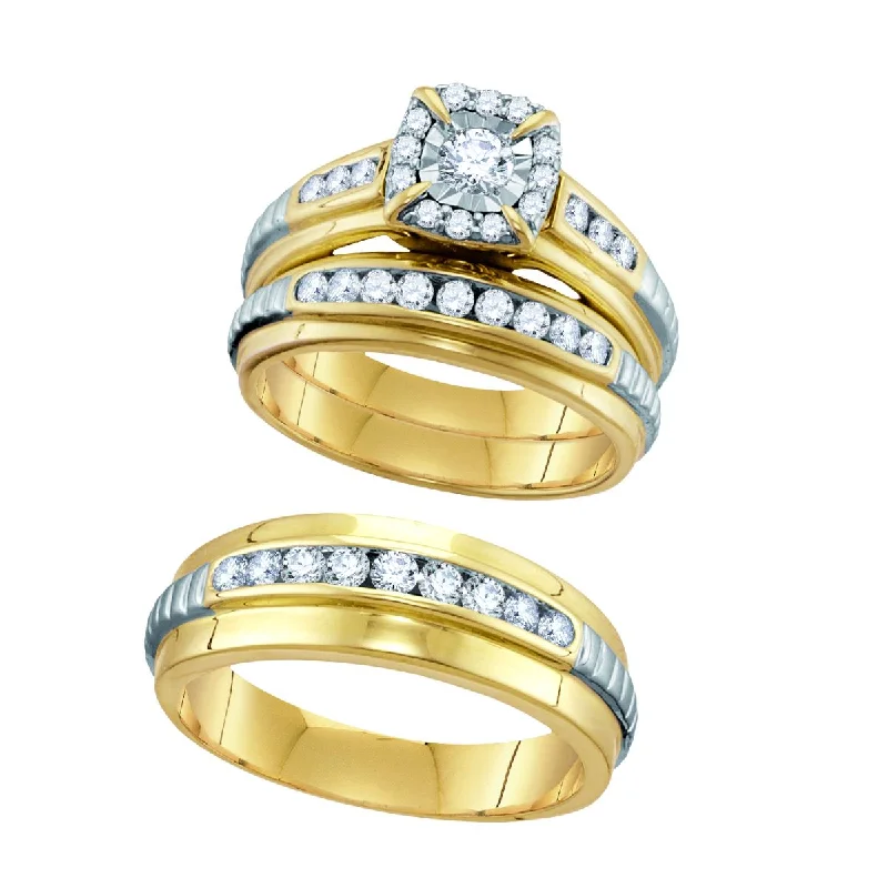 Wedding Ring Set with Diamonds-1/3 CTW Diamond Halo Wedding Trio Set in 10KT White and Yellow Gold