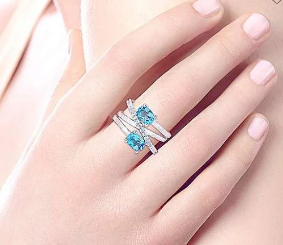 Sapphire and Diamond Ring-925 Sterling Silver Multi Row Blue Topaz and White Sapphire Ring