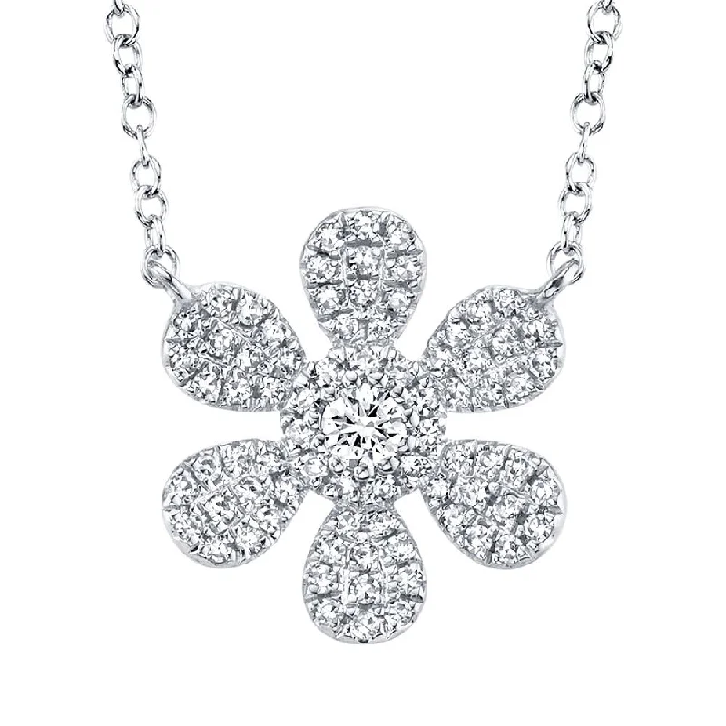 Casual Silver Necklace-14K White Gold Round Diamond Flower Pendant Necklace