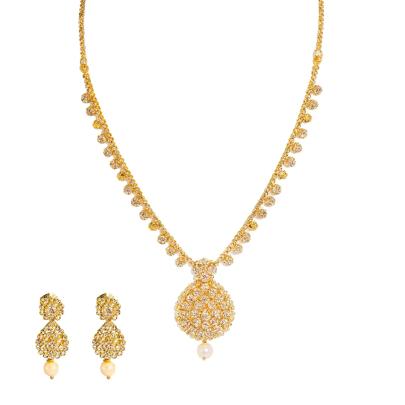 Gold Link Necklace-22K Yellow Gold Diamond Necklace & Earrings Set W/ 10.85ct Uncut Diamonds, Pearls & Clustered Flower Designs