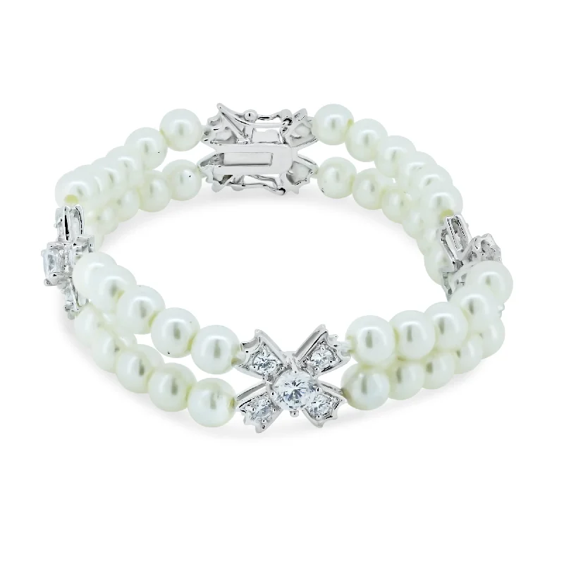 Natural Stone Bracelet-Silver 925 Cross CZ Pearl Bracelet - BGB00091