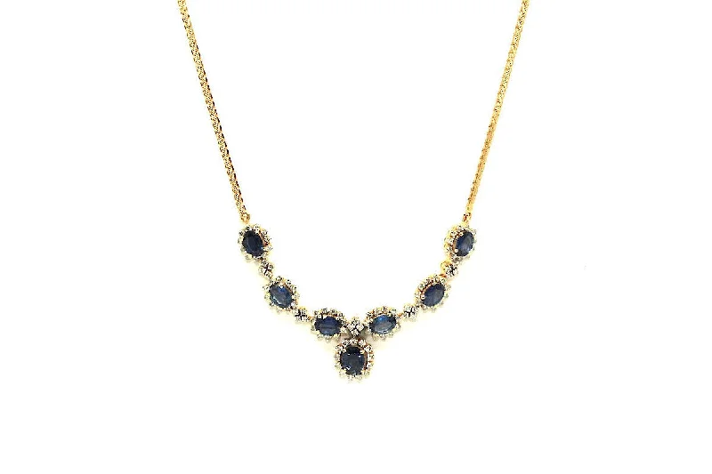 Thin Silver Necklace-Blue Sapphire And Diamond 7 Stone Cluster Necklace Ad No.0649