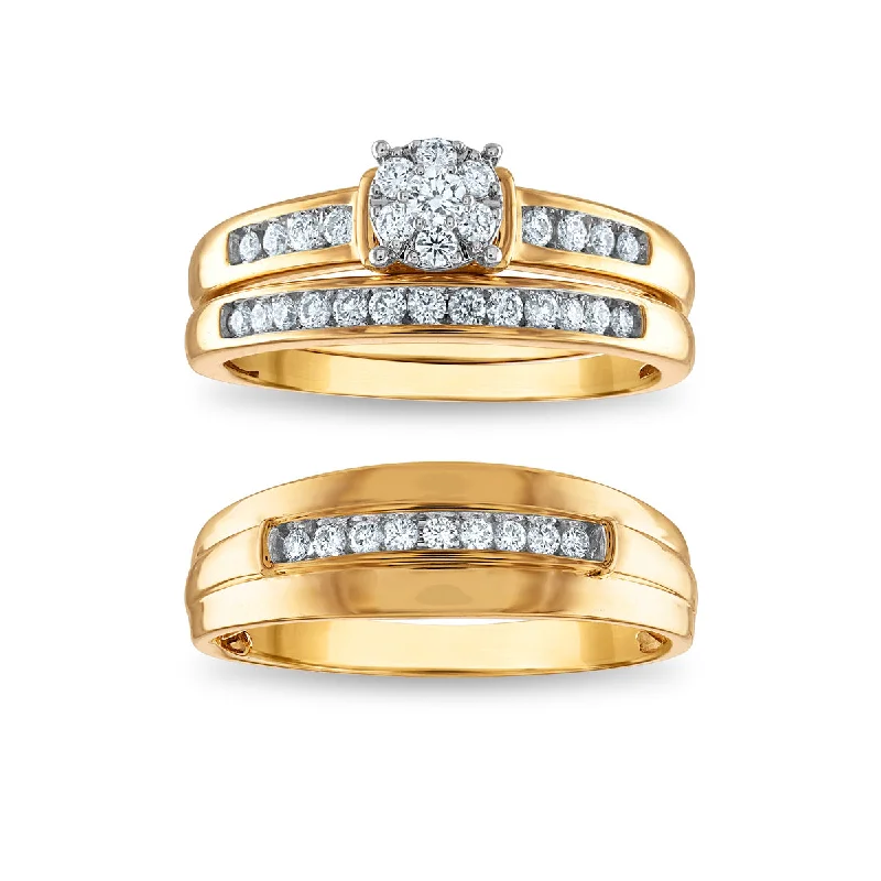 Matching Couple Rings-EcoLove 1/2 CTW Lab Grown Diamond Cluster Classic Collection Wedding Trio Set in 10KT Yellow Gold