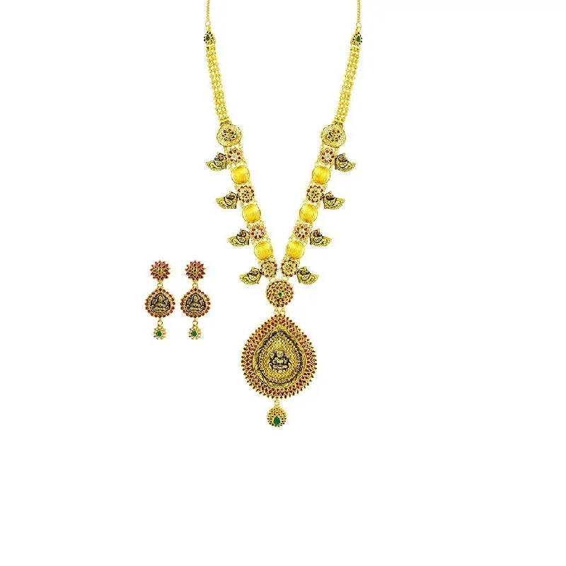 Minimalist Gold Necklace-22K Yellow Gold Necklace & Earrings Set W/ CZ, Ruby, Emeralds, Pear Shaped Laxmi Pendants & Gold Ball Accents