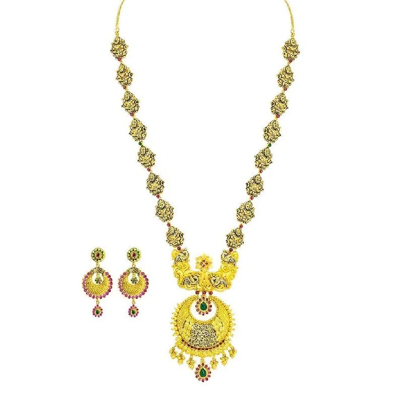 Luxury Chain Necklace for Women-22K Yellow Gold Necklace & Earrings Set W/ Emerald, Ruby, Laxmi Accent Chain and Chandbali Pendant