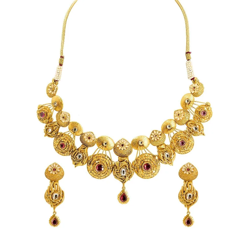 Elegant Choker Necklace-22K Yellow Gold Antique Bridal Set W/ Kundan & Double Row Ornate Collar Necklace