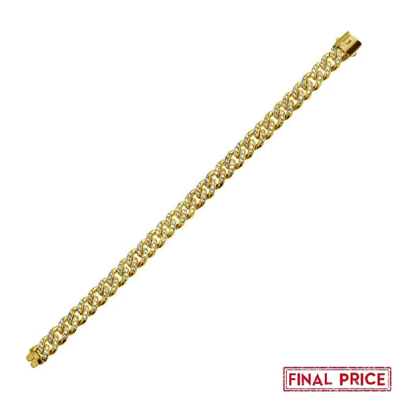 Bracelet with Engraving-Gold Plated 925 Sterling Silver CZ Encrusted Miami Cuban Link  Plain Lock Bracelet 9mm - GMB00085GP