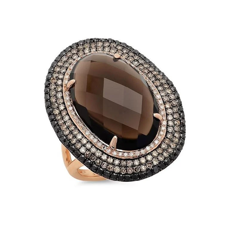 Silver Wedding Band for Women-Oval Smokey Quartz and Diamond Halo Fashion Ring in 14KT Rose Gold