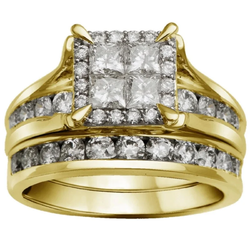 Custom Name Ring-2 CTW Diamond Halo Bridal Set Ring in 10KT Yellow Gold