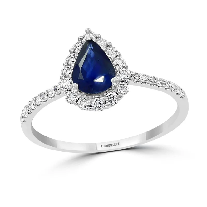 Unique Engagement Ring-EFFY 7X5MM Pear Blue Sapphire and Diamond Gem Stone Halo Engagement Ring in 14KT White Gold