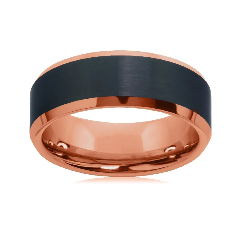 Men's Signet Ring-8MM Wedding Ring in Rose Tungsten with Black Satin Center