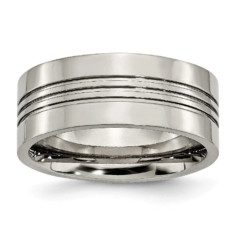 Men's Signet Ring-Titanium Grooved 9mm Polished Band