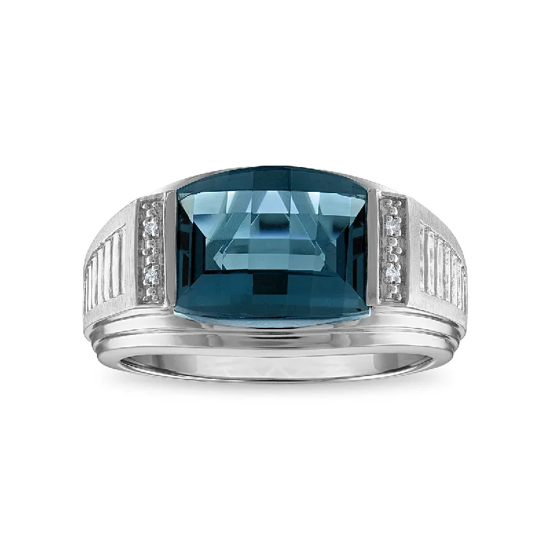 Oval Diamond Ring-12X10MM Cushion London Blue Topaz and Diamond Gem Stone Diamond Accent Ring in Rhodium Plated Sterling Silver