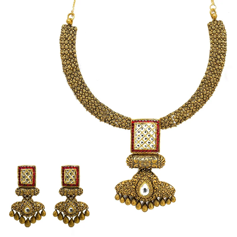 Simple Chain Necklace-22K Yellow Gold Temple Necklace & Earring Set W/ Kundan & Rubies on Jewelled Double Drop Square Pendant