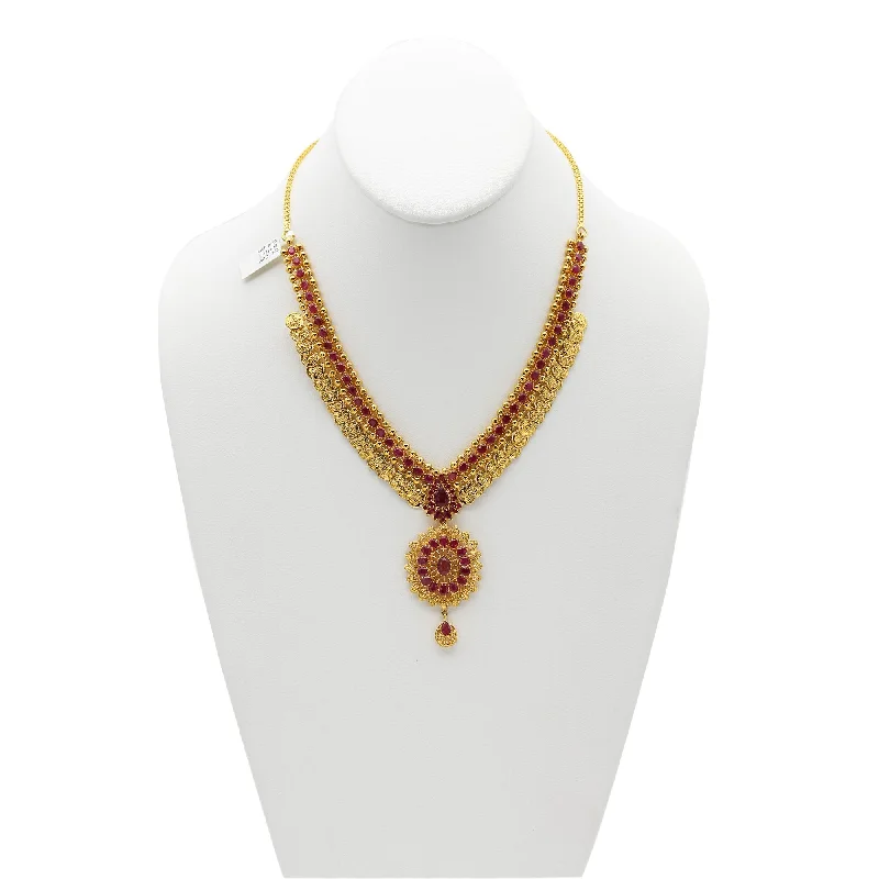 Women’s Elegant Necklace-22K Gold Ruby Necklace and Earrings Set