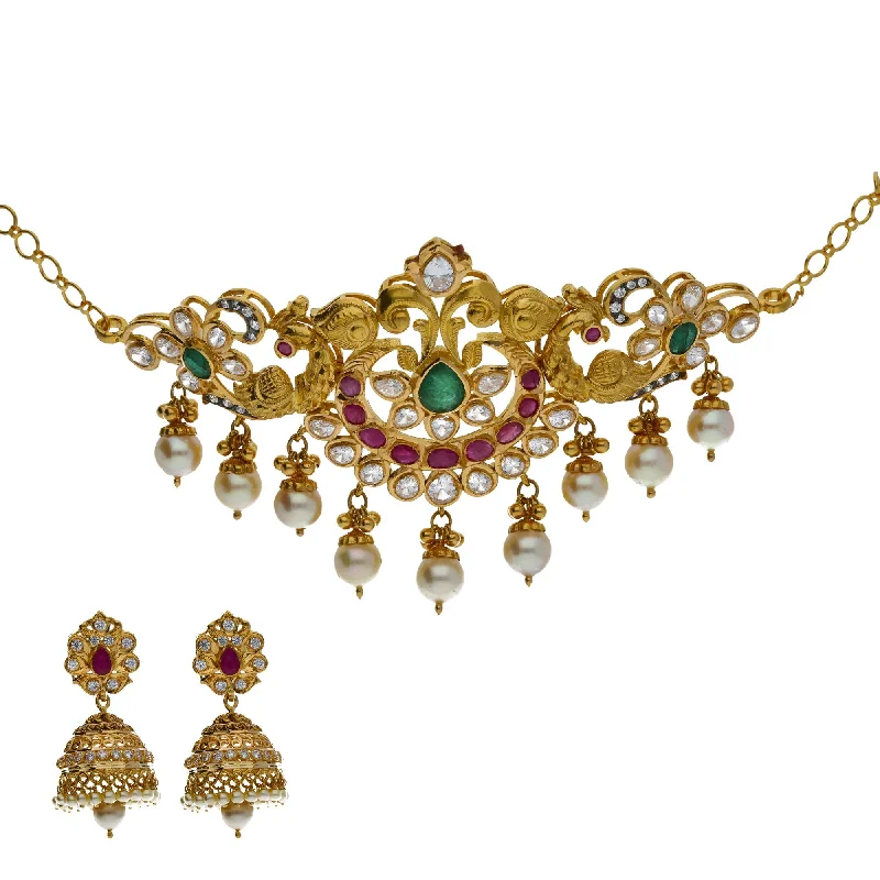 Adjustable Necklace-22K Yellow Antique Gold 2-in-1 Choker/Vanki & Jhumki Earrings Set W/ Kundan, Emerald, Pearls & Crescent Accents