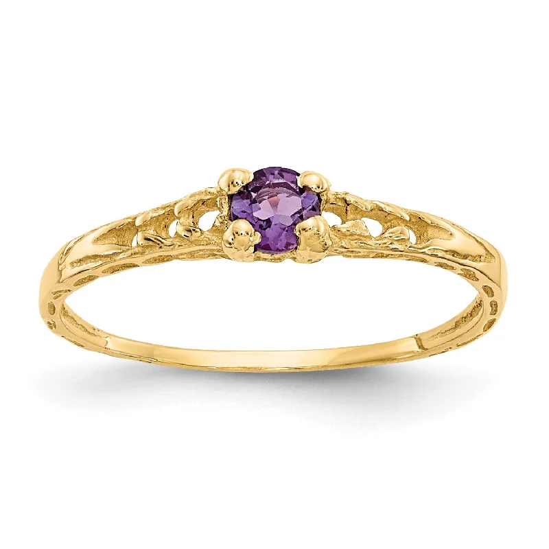 Custom Name Ring-14KT Yellow Gold 3MM Round Amethyst Birthstone Baby Ring; Size 3