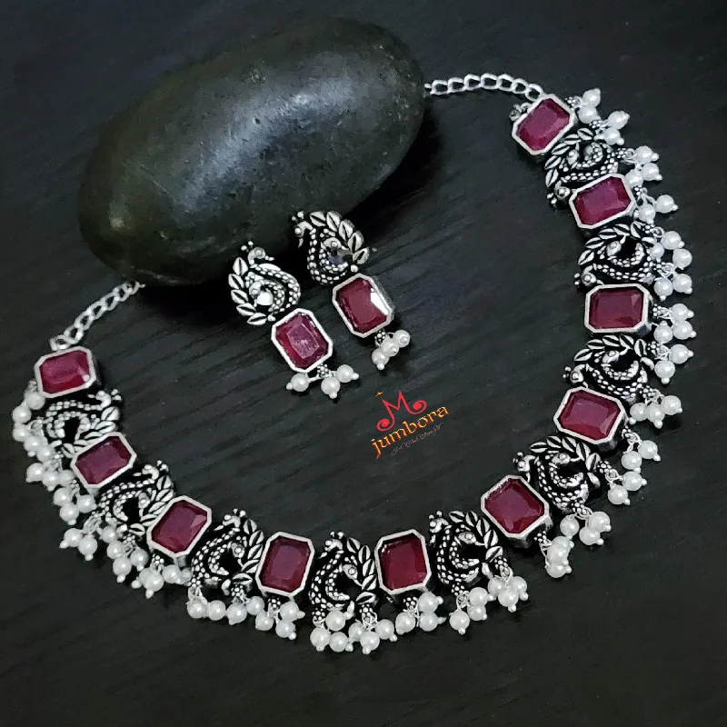 Fashion Jewelry Necklace-Peacock Oxidized German Silver Ruby Red Stone Necklace set