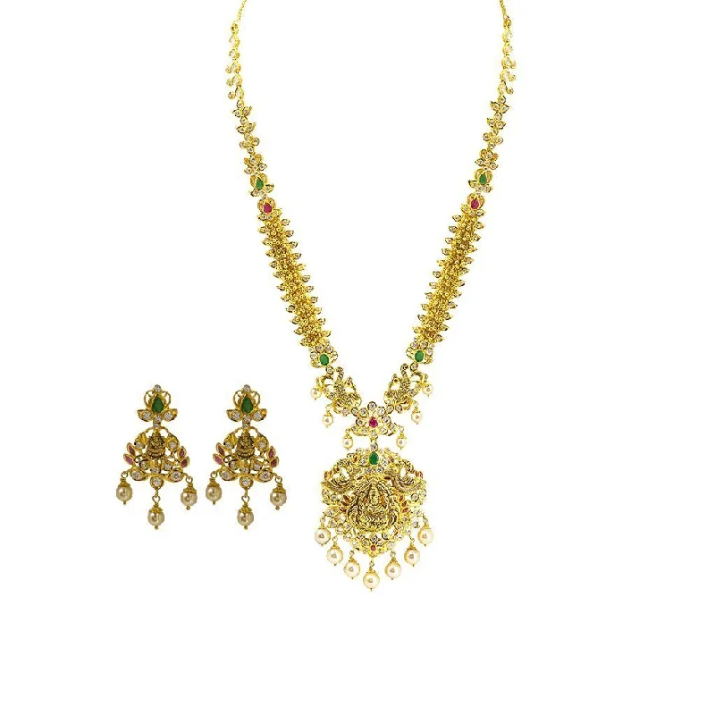 Red Stone Necklace-22K Yellow Gold Set Necklace & Earrings W/ Rubies, Emeralds, Pearls and CZ on Chandelier Laxmi Pendant