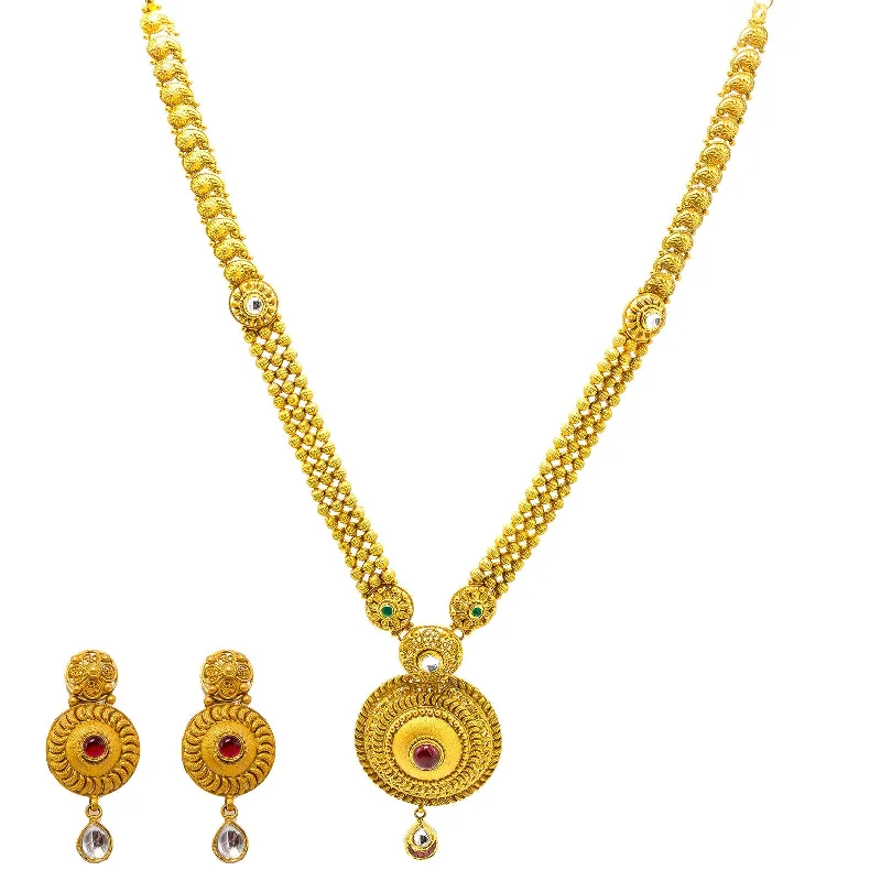 Adjustable Pearl Necklace-22K Yellow Gold Necklace & Earrings Set W/ Kundan, Emeralds, Rubies & Round Shield Pendants