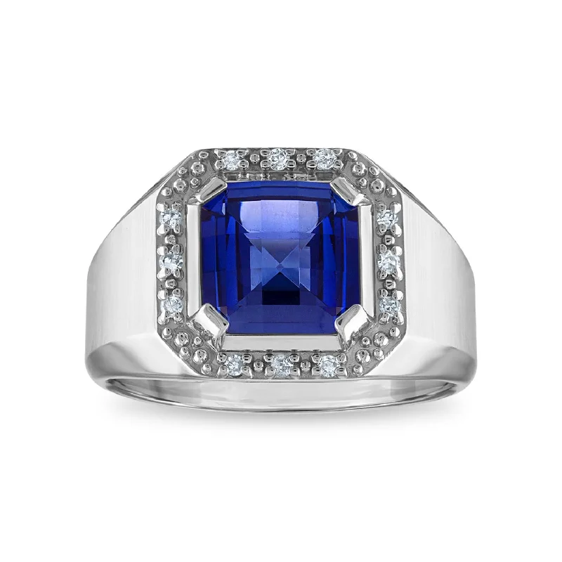 Classic Solitaire Ring-9MM Cushion Blue Sapphire and Diamond Halo Ring in 10KT White Gold