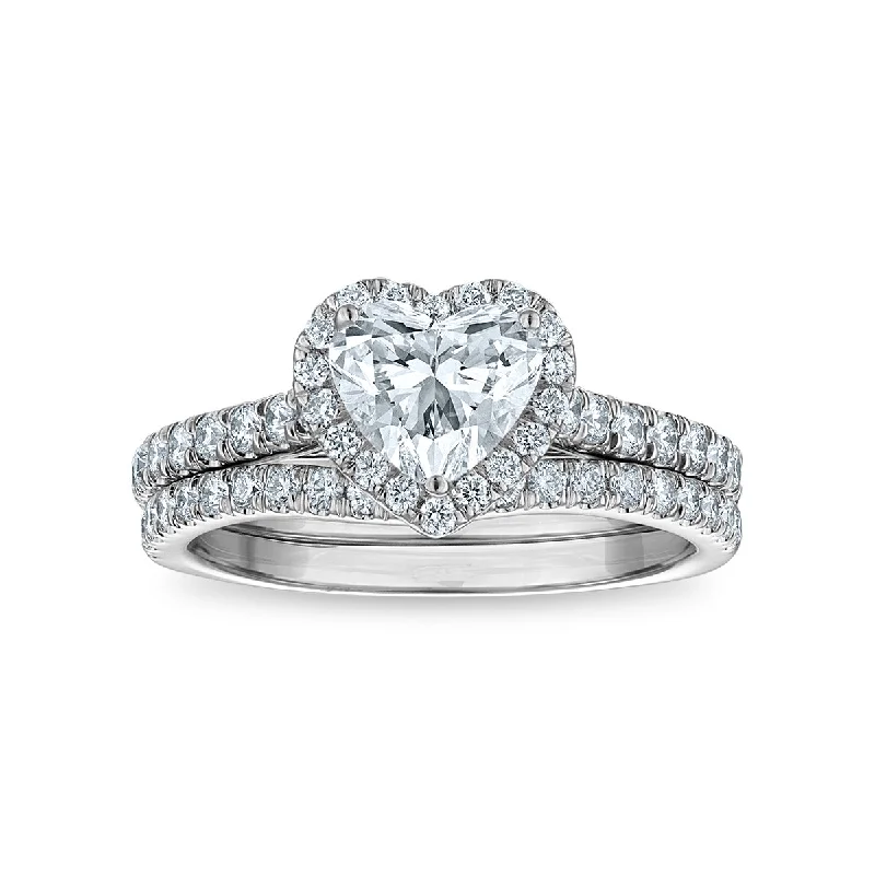 Matching Couple Rings-Signature EcoLove 1-3/4 CTW Lab Grown Diamond Halo Heart Shaped Bridal Set in 14KT White Gold