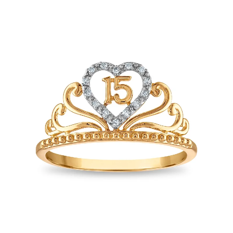 Gold Cocktail Ring-Diamond Accent Quinceanera Heart Crown Ring in 10KT Yellow Gold