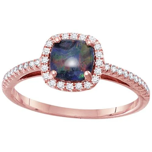 Elegant Wedding Ring Set-Color Sensations 6MM Cushion Opal Triplet and Diamond Gem Stone Halo Ring in 14KT Rose Gold