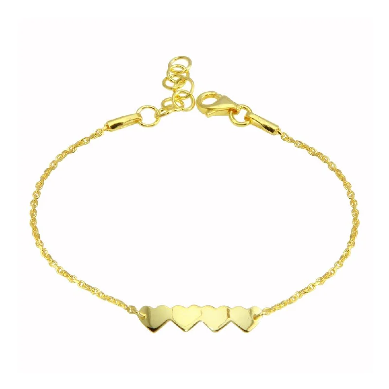 Multi-Layered Leather Bracelet-Gold Plated 925 Sterling Silver 4 Hearts Chain Bracelet - DIB00079GP