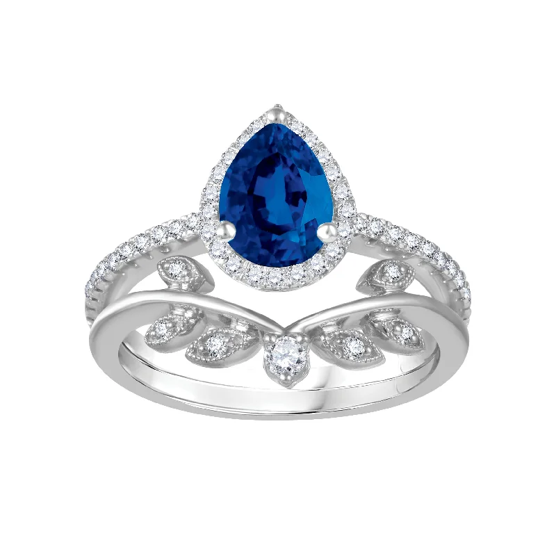 Simple Solitaire Engagement Ring-LoveSong EcoLove Blue Sapphire and Diamond Halo Bridal Set in 10KT White Gold