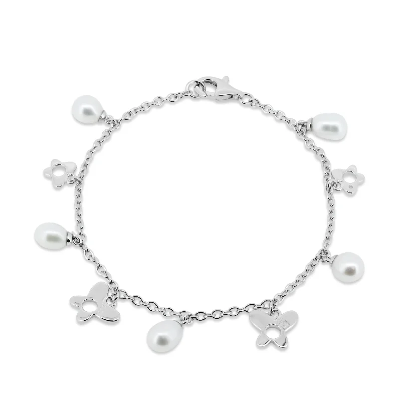 Handcrafted Silver Bracelet-Silver 925 Rhodium Plated Dangling Open Butterfly with Fresh Water Pearl Bracelet - BGB00081